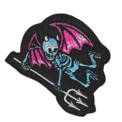 DEMON SKELETON IRON ON PATCH 2.75" Pitchfork Devil Flying Embroidered Applique - Image 1 of 2