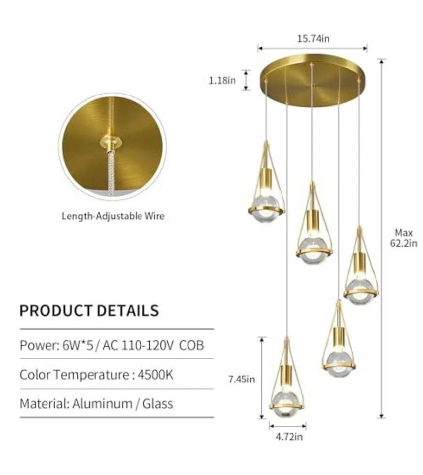金色蒲公英吊坠灯拉丝黄铜饰面,5 光现代水晶套装 — 第 1/3 张图片