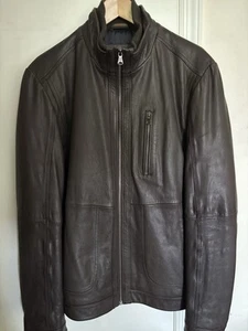 HUGO BOSS MENS LEATHER JACKET Size 44R Bomber Motorcycle Jacket Brown Excellent! - Picture 1 of 10