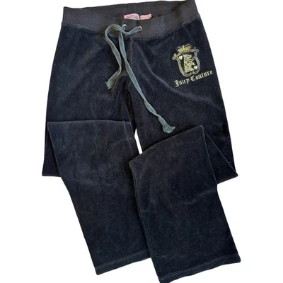Juicy Couture Black Velour Pants Gold Crest Logo Size S Made inUSA Y2K Tracksuit - Image 1 of 4