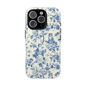 Coque Téléphone Toile de Jouy Personnalisée Chat Français Floral pour iPhone 11 à 16 - Photo 1 sur 4