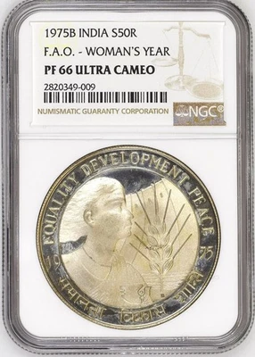 India 1975 (B) 50 Rupees F.O.A Women's Year PROOF NGC Graded PF 66 ULTRA CAMEO - Image 1 of 4