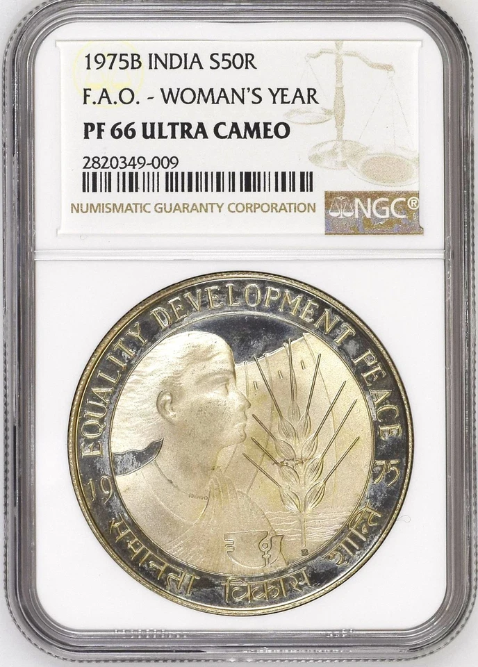 India 1975 (B) 50 Rupees F.O.A Women's Year PROOF NGC Graded PF 66 ULTRA CAMEO - Image 1 of 4