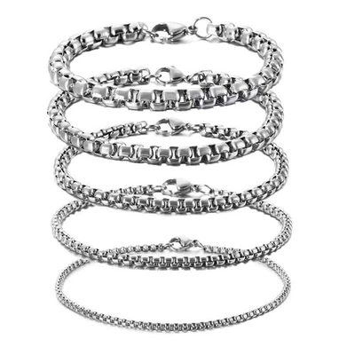 Stainless Steel Chain Bracelet 7"-10" Smooth Box Square Rope Silver 2-7mm N69 - Image 1 of 4