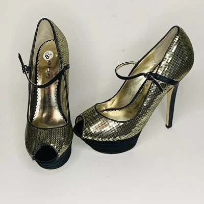 BEBE Negro Dorado Lentejuelas Plataforma Zapatos Tacones talla 8.5 Brillo Fiesta Foto 1 de 4