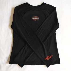 Harley Davidson Women Small Black Shirt Bedazzled Glitter Logo Embroidered Cuff - Picture 1 of 7