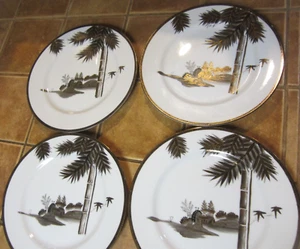 4 KUTANI FINE CHINA HAYASI GOLD JAPAN DINNER PLATES GOLD~BLACK ON WHITE~STUNNING - Picture 1 of 19