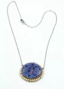Vintage Chinese Carved Lapis Lazuli Necklace Sterling Silver Seed Pearls Flowers - Picture 1 of 5