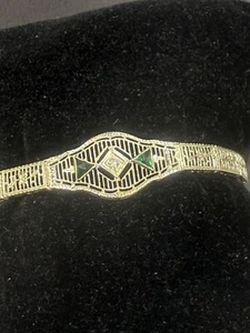ART DECO FILIGREE 14K WHITE GOLD DIAMOND & EMERALD BRACELET 7”12.5mm WIDE - Picture 1 of 9