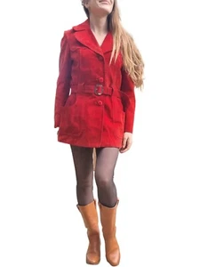 1980s Vintage Red Suede Leather coat jacket M 12 belt Fitted Midi boho biker 80s - Picture 1 of 16