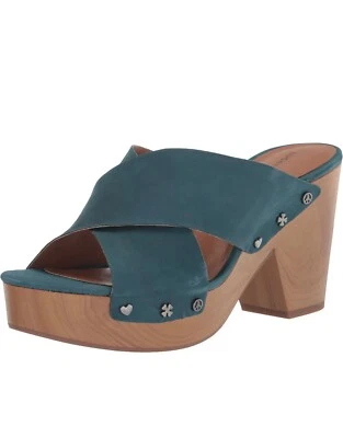 Lucky Brand 女式 Takara 皮革高跟鞋凉鞋懒人蓝色珊瑚色 7M 码 — 第 1/4 张图片