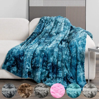 Reversible Faux Fur Fleece Throw Super Soft Light Weight Home Sofa Bed Blanket  - Image 1 of 4