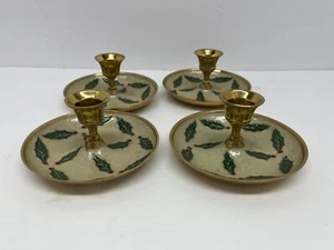4 Solid Brass/Enamel Paint Candlestick Christmas Holly - Picture 1 of 7