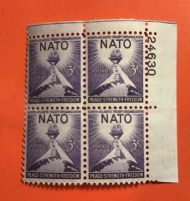 US Stamps Scott 1008 NATO Issue 1952 3c Plate Block MNH - Image 1 of 3