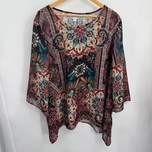 VTG Tanzara Boho Medallion Paisley Sheer Flare Sleeve Sharkbite Tunic Top 22/24 - Picture 1 of 7