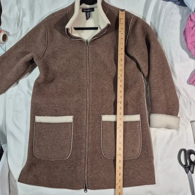 Chaqueta Abrigo Denim & Co Polar Marrón y Crema Cremallera Sherpa Mujer’s Mediana Foto 1 de 4