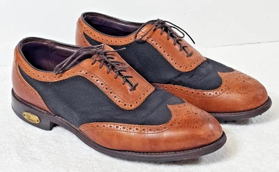 Allen Edmonds Golf Shoes 11D Men's Brown Leather Black Mesh Saddle Wingtip 1 Up - Image 1 of 4