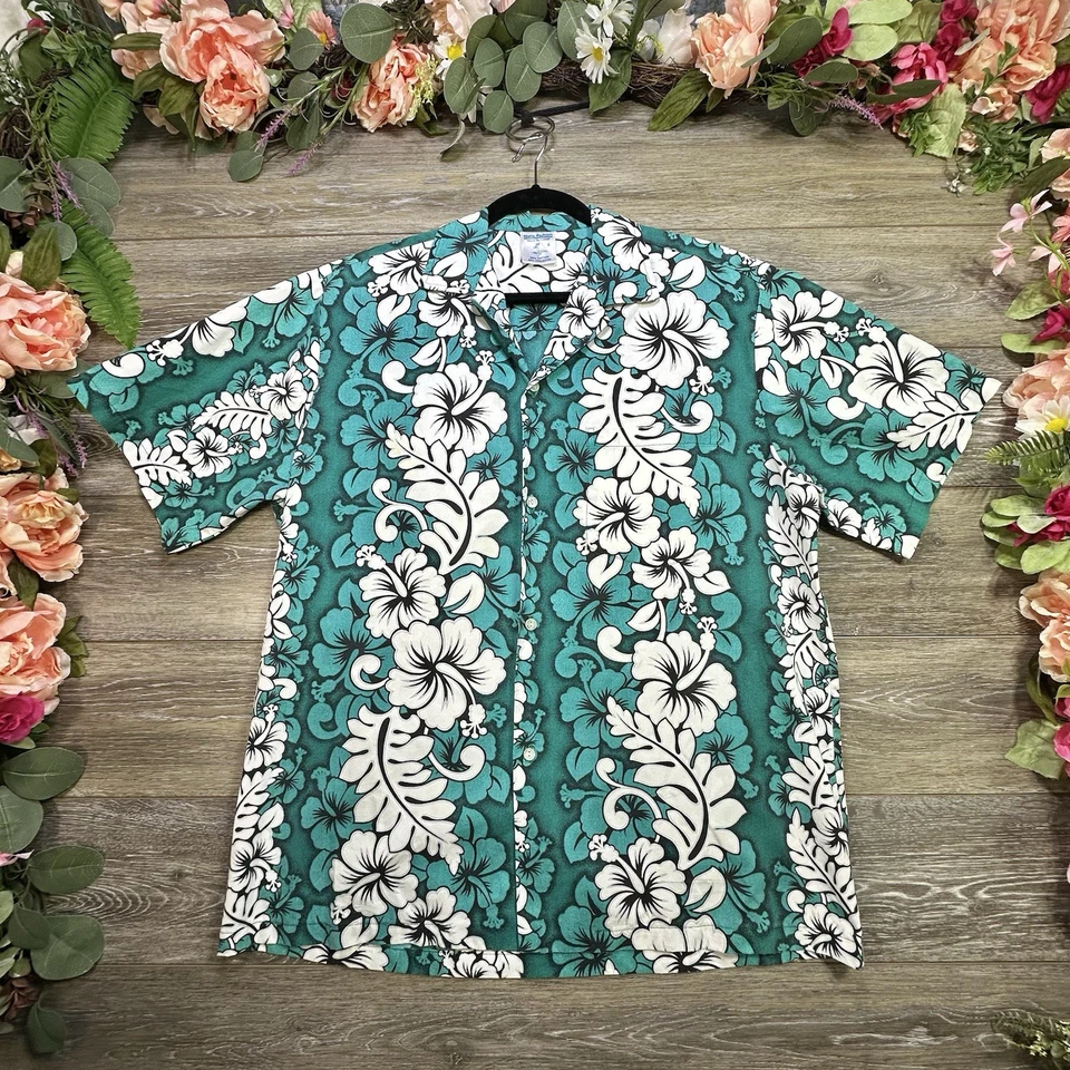 Hana моды гавайский Алоха рубашка маленький бирюзовый белый гибискус цветочный - Изображение 1 из 4