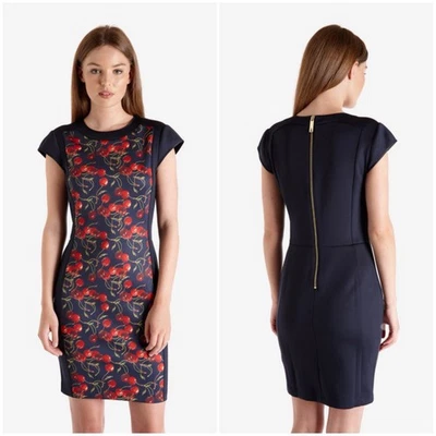 ¡NUEVO CON ETIQUETAS! Vestido Ted Baker London Luski Estampado Cereza Body-Con en Azul Marino Ted: 3 EE. UU.: M (8) Foto 1 de 4