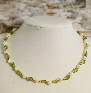 Natural Green Peridot & Baroque Pearls In Dainty Gold Plated Necklace & Bracelet - Picture 1 of 10