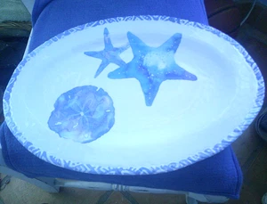 TOMMY BAHAMA Oval Melamine Serving Platter (Watercolor Star Fish & Sand Dollar) - Picture 1 of 4