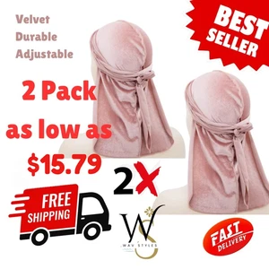 1-2 Pcs Pink Velvet Durag Men Unisex Long Tail Soft Durag Headwrap 360 Waves Cap - Picture 1 of 1