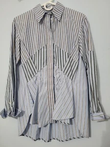 Carven Blouse Pale Blue Striped Fitted Unique Design Sz 36 Button Up Cotton - Picture 1 of 16