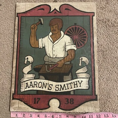 RARE Vintage Antique Aaron's Smithy 1738 Primitive Hand Painted Framed Wood Sign - Image 1 of 4