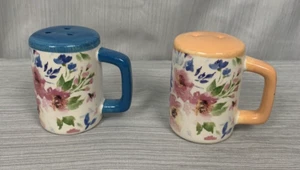 Salt & Pepper Shaker Set, Ceramic Jar Floral , Peach & Teal w/handles, 2.5" - Picture 1 of 6
