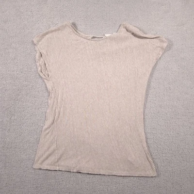 C&C California Shirt Womens Medium Beige White Stripe Ribbed Linen Cap Sleeve - Image 1 of 4