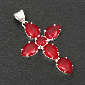 Simulated Ruby Gemstone Ethnic Handmade Cross Pendant Jewelry Gift 2.6" AP-87929 - Picture 1 of 1