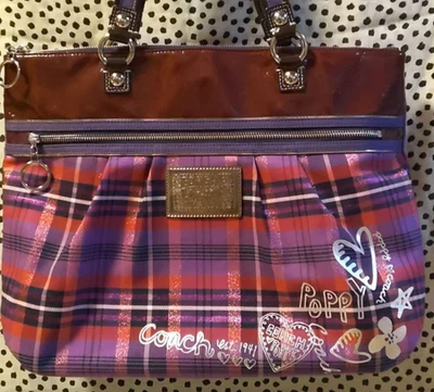 蔻驰 POPPY 格纹格子托特包手提包二手商品女士免运费 — 第 1/4 张图片