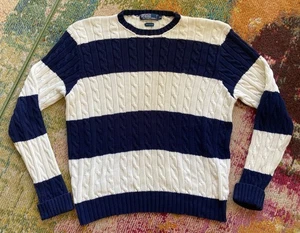 Vintage Polo Ralph Lauren Pullover Herren XL blau weiß gestreift Zopfmuster Baumwolle - Bild 1 von 10