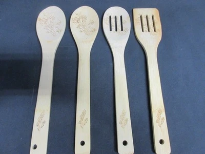 Set of 4 Bamboo Pampered Chef Flora Wooden Utensils Set, 3 Spoons & Spatula, VGC - Image 1 of 4