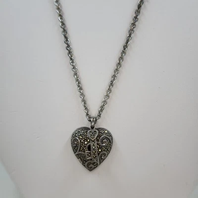 Marcasite Heart and Key Sterling Silver Necklace - Image 1 of 4