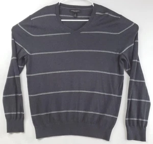 Banana Republic Sweater Mens Large Gray White Striped Luxury Blend Silk Cashmere - Picture 1 of 9