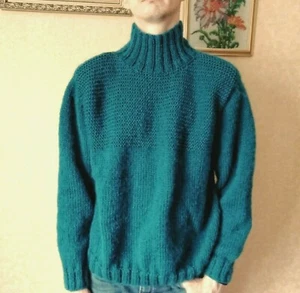 Men's Green Mohair Sweater Big Size Knit Hand Petrol Turtleneck Handmade Jumper - Picture 1 of 12
