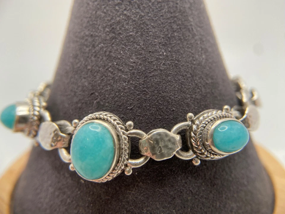 Sarda, Bali hecho a mano, esterlina y amazonita de 3 piedras, pulsera de eslabones, cierre de langosta Foto 1 de 4