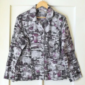 CHICO'S Women's Jacket Long Sleeve Button Up Gray & Purple Abstract Print Size 2 - Picture 1 of 12