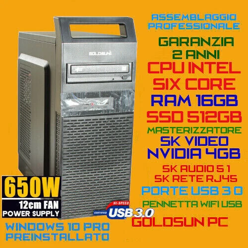 COMPUTER PC INTEL SIX CORE RAM16GB SSD512GB SK VIDEO 4GB DVDRW WiFiPen Win10Pro - Immagine 1 di 1