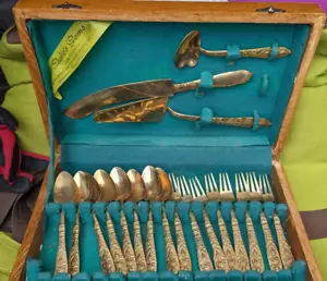 JULIE'S GEMS VINTAGE BANGKOK THAILAND CUTLERY WOODEN WWII BRASS KNIFE SPOON FORK - Picture 1 of 5