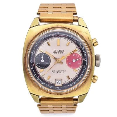 Reloj de fecha vintage Gruen Valjoux 7734 enchapado en oro cronógrafo cuerda manual para hombre Foto 1 de 4