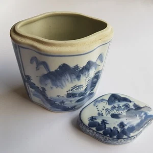 Chinese ceramic porcelain tea caddy box vintage blue white hand painted China - Picture 1 of 20