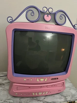 迪士尼公主CRT电视带匹配DVD录像机VHS播放器组合粉色二手 — 第 1/4 张图片