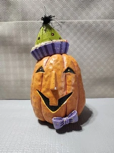 Paper Mache HALLOWEEN PUMPKIN w/Fancy Witch Hat 11"×6" Jack O Lantern Chip Nose - Picture 1 of 12