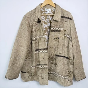 Coldwater Creek 3X Linen Blend Embroidered Floral Boho Open Front Jacket Beige - Picture 1 of 10