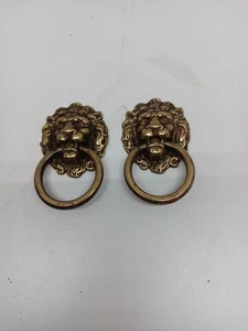 Lot Of 2 Vntg Brass Lion Head Pendant Ring Drop Pull Knob 3.5" Gothic Victorian - Bild 1 von 7