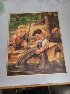 Vintage Embossed 1942 Print Boys Fishing Caught a tire by Stuart - Picture 1 of 9