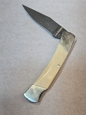 Parker Damascus Blade Smooth White Bone Handle Folding Lockback Pocket Knife USA - Image 1 of 4