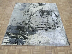 6 x 6'2 Hand Knotted Black Gray Modern Abstract Oriental Rug With Silk G9170 - Picture 1 of 12
